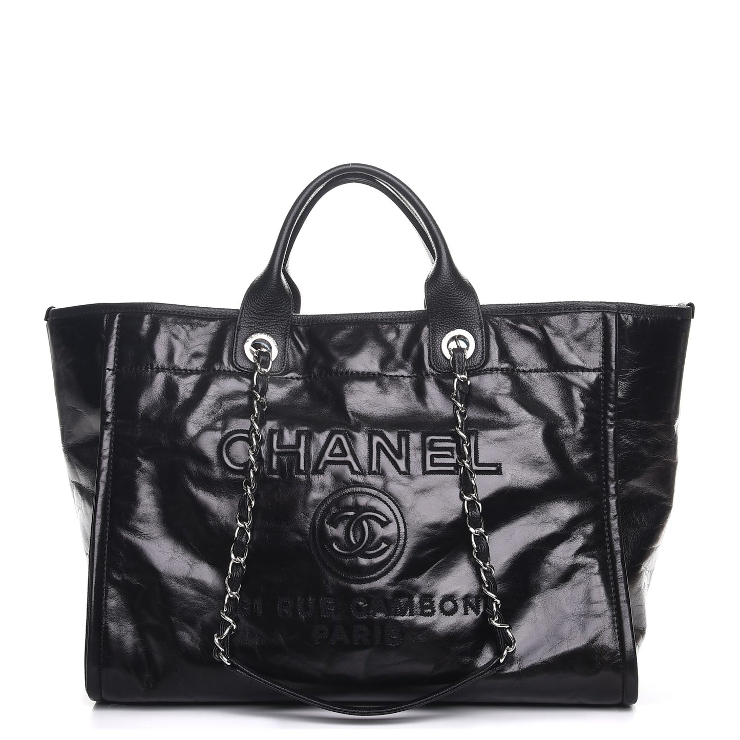 Glazed Calfskin Large Deauville Tote Black