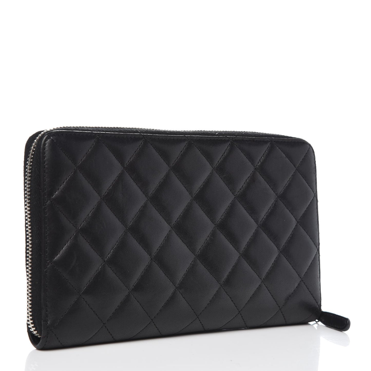 Lambskin Quilted Large Zip Around Organizer Wallet Black