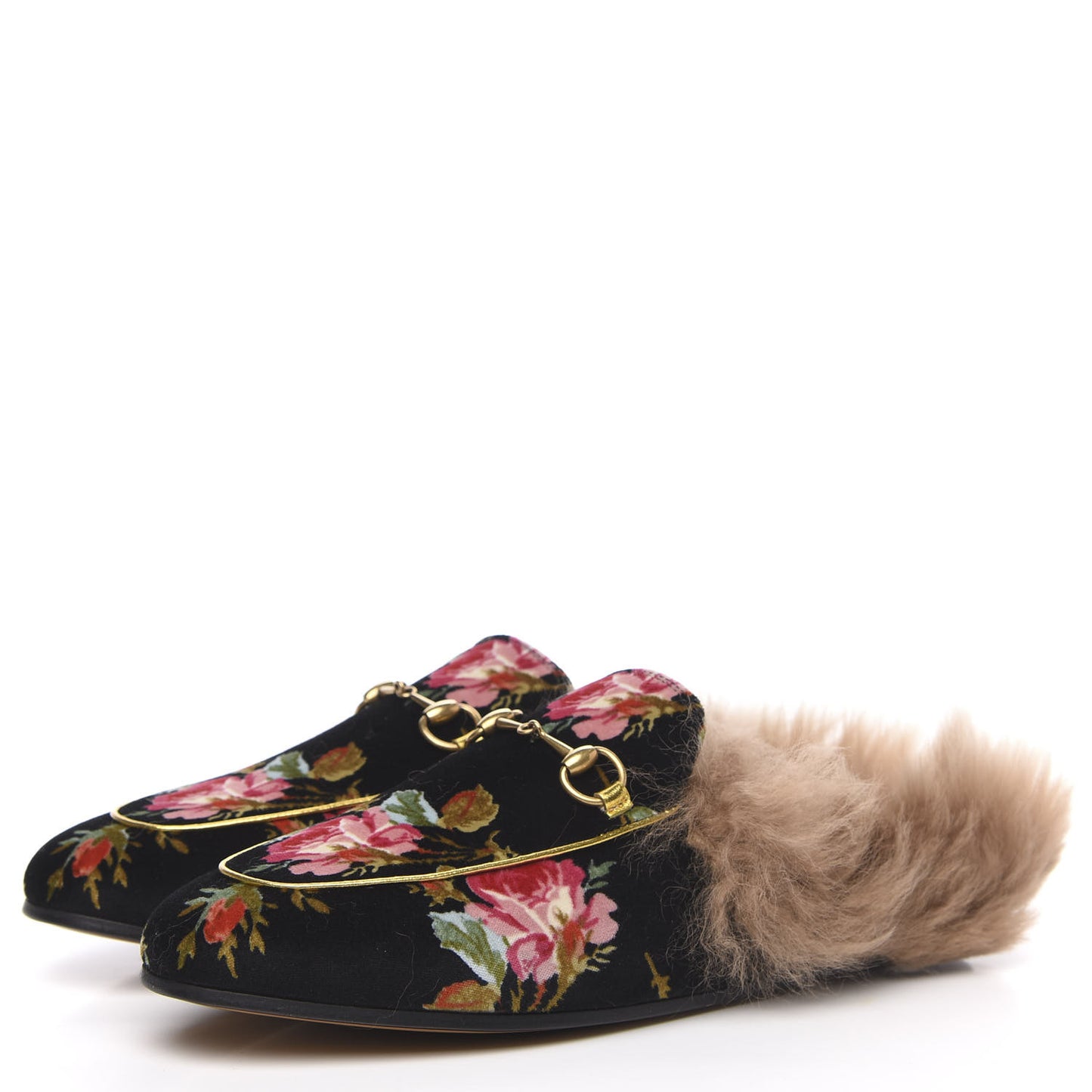 Velvet Fur Floral Womens Princetown Slippers 39 Black