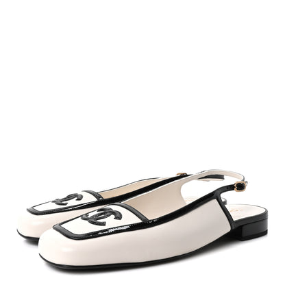 Chanel Lambskin Patent Calfskin CC Square Toe Slingbacks 39 White Black 4 of 10