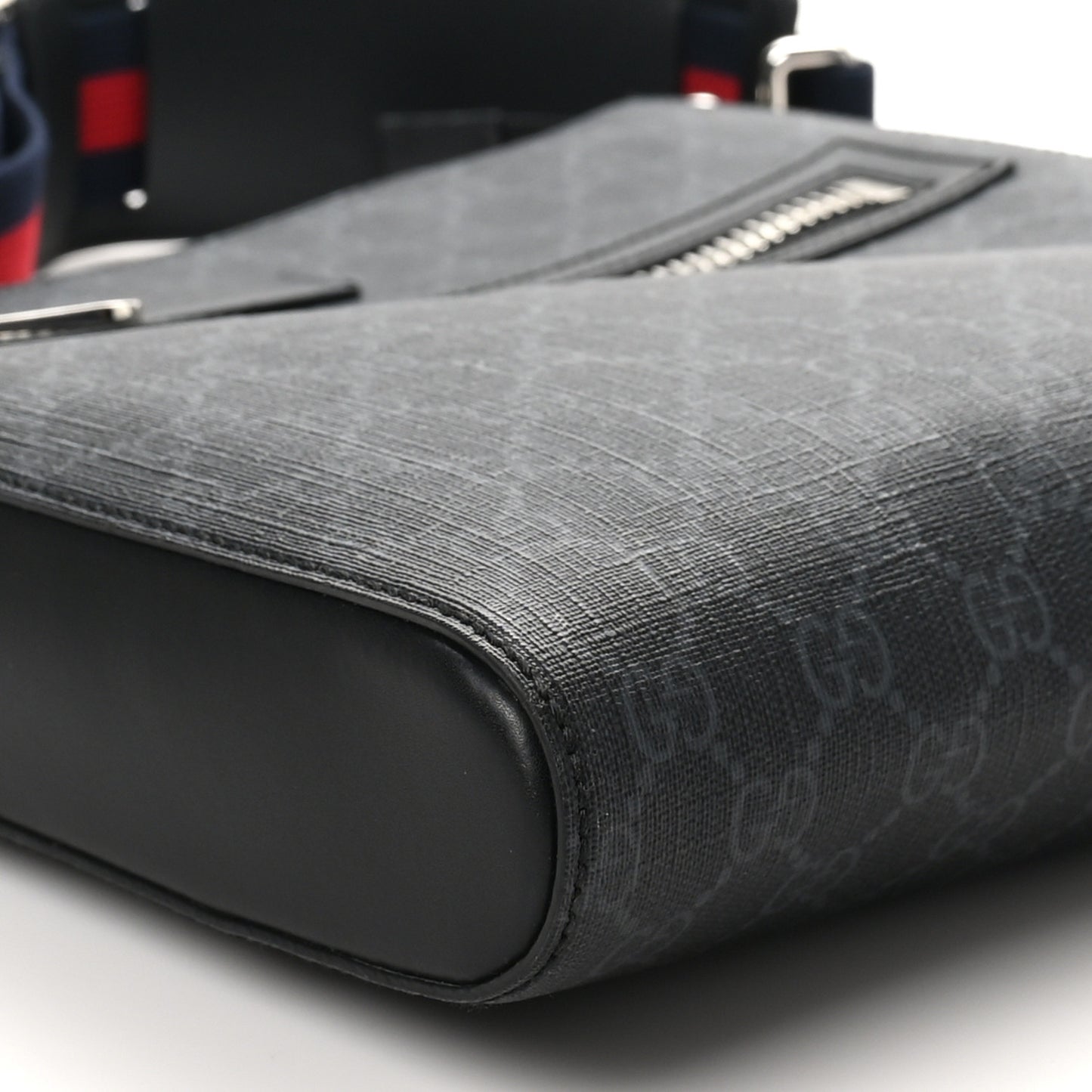 GG Supreme Monogram Appia Calfskin Web Flat Messenger Bag Black Grey