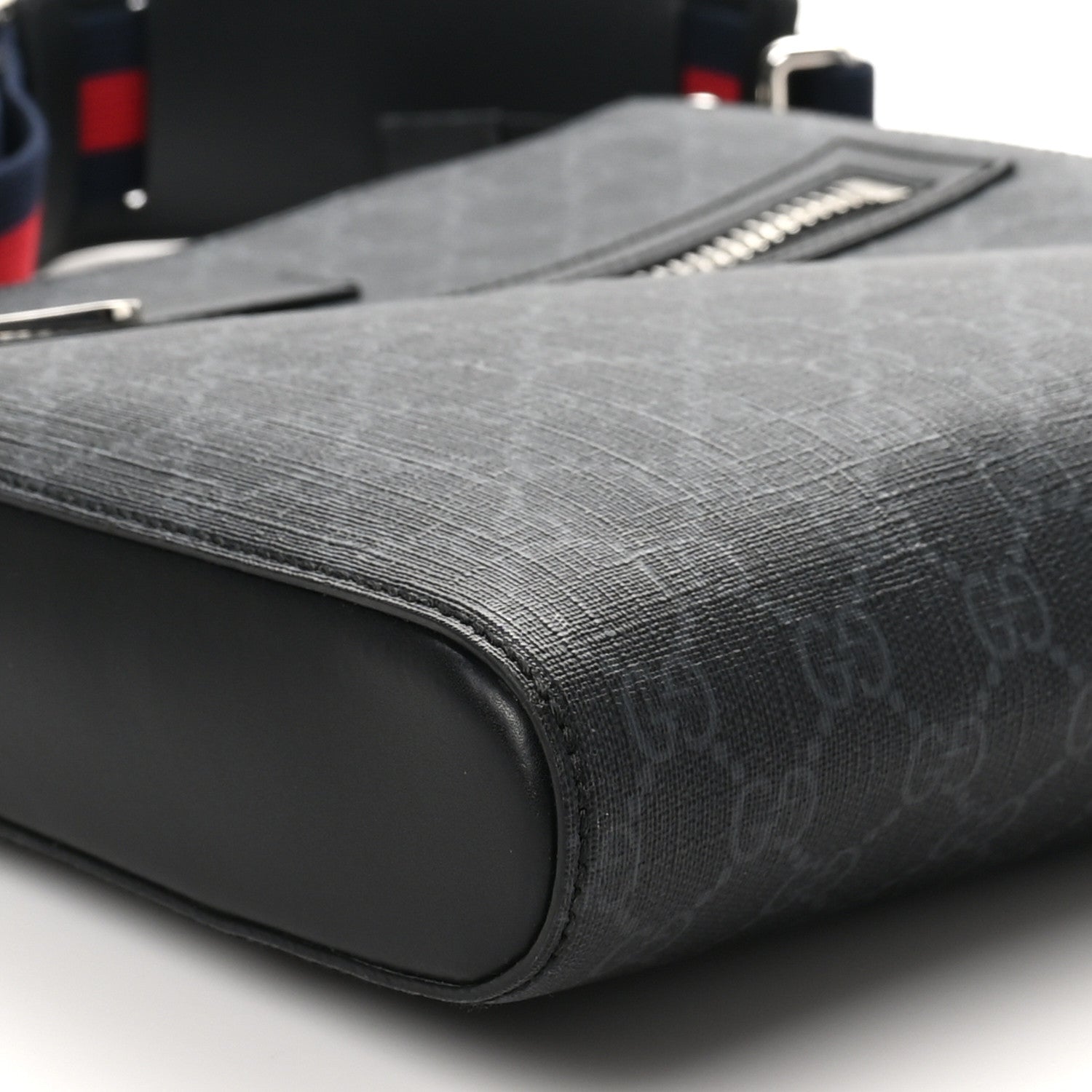 Gucci GG Supreme Monogram Appia Calfskin Web Flat Messenger Bag Black Grey 9 of 10