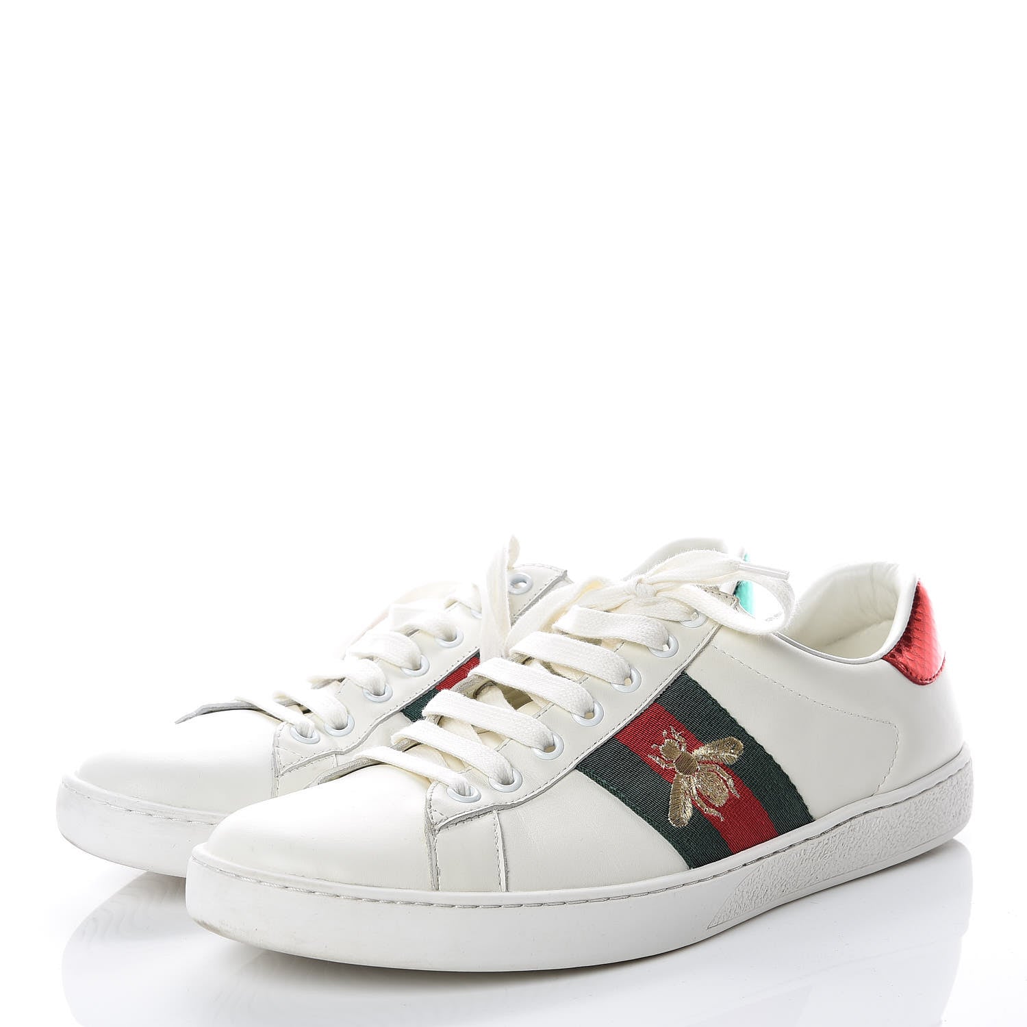 Gucci Miro Soft Calfskin Laminated Ayers Web Bee Embroidered Mens Ace Sneakers 9 White Red Flame Green 3 of 12