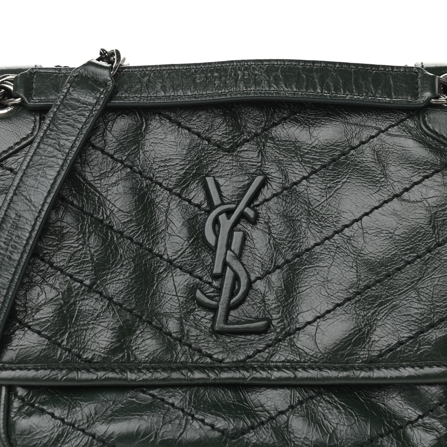Crinkled Calfskin Matelasse Monogram Baby Niki Chain Satchel Dark Green