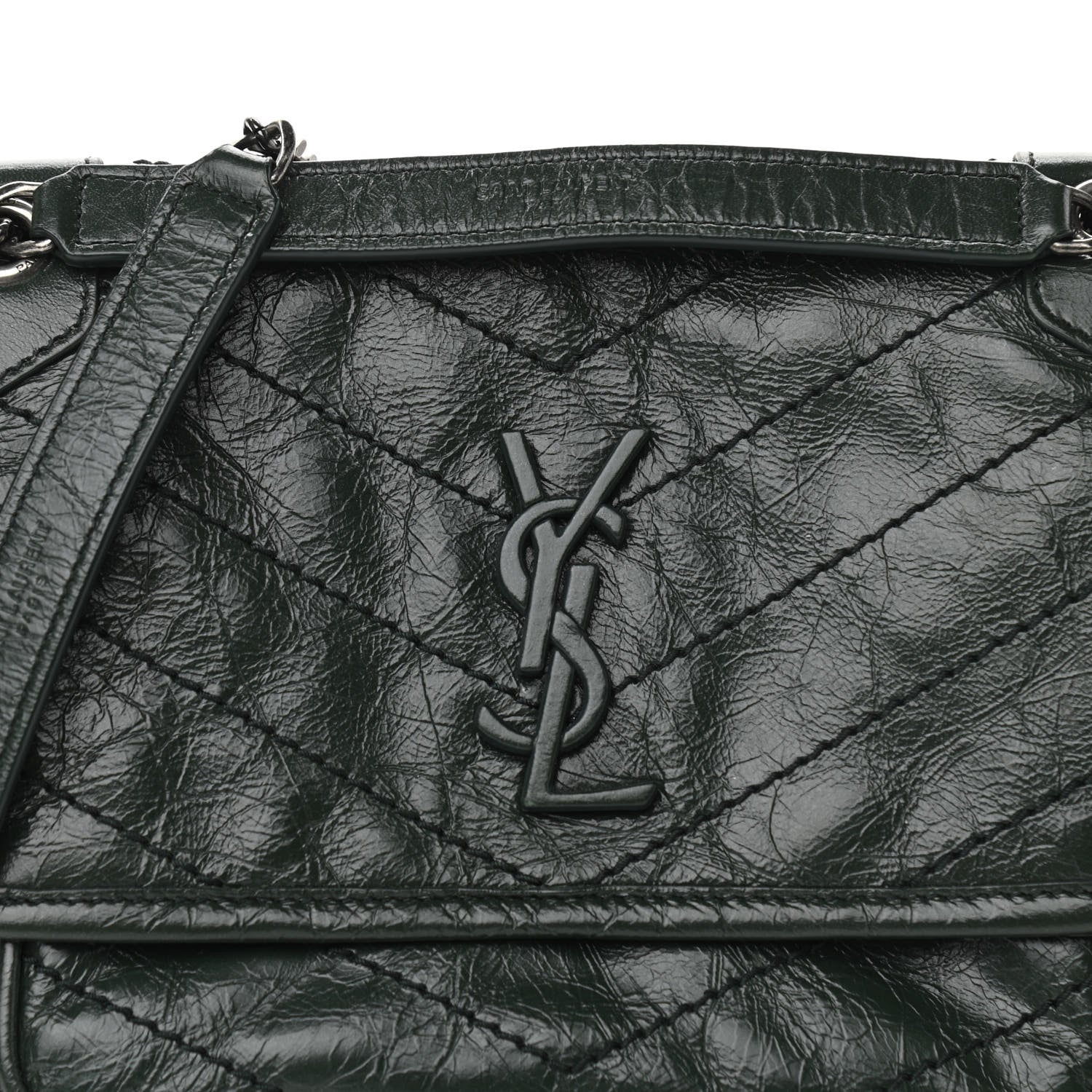 Saint Laurent Crinkled Calfskin Matelasse Monogram Baby Niki Chain Satchel Dark Green 8 of 11