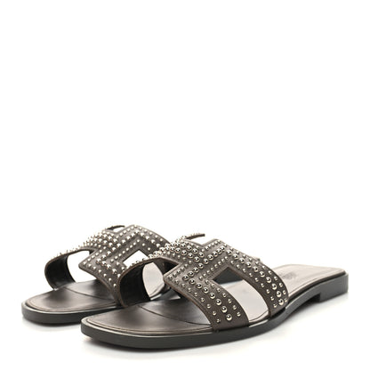 Hermes Calfskin Studded Oran Sandals 36.5 Gris Galet 3 of 10
