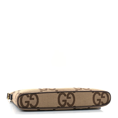 Gucci Monogram Jumbo GG Textured Dollar Calfskin Web Wristlet Messenger Bag Camel Ebony New Acero 4 of 8