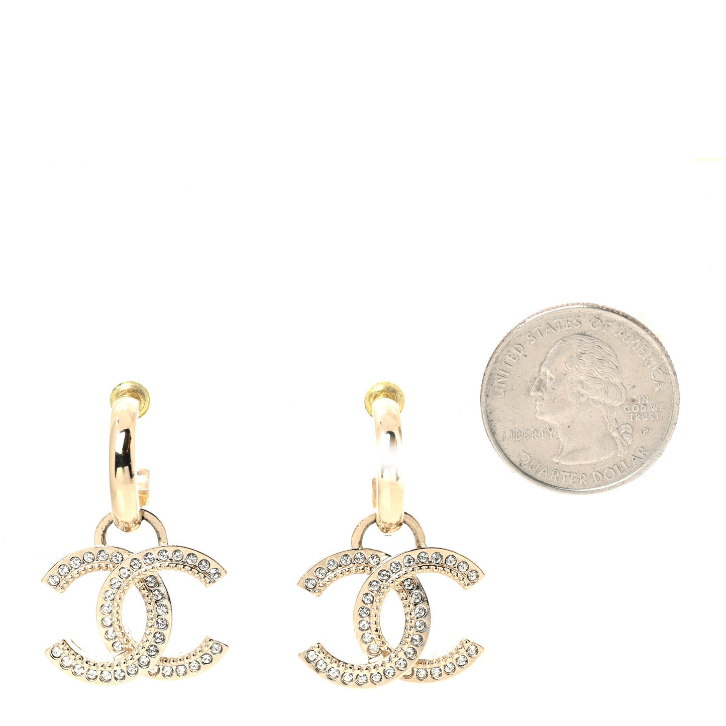 Metal Crystal Studded CC Hoop Drop Earrings Gold