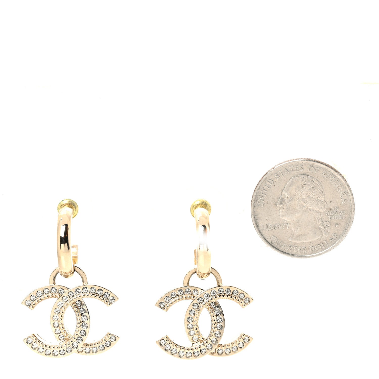 Chanel Metal Crystal Studded CC Hoop Drop Earrings Gold 2 of 4