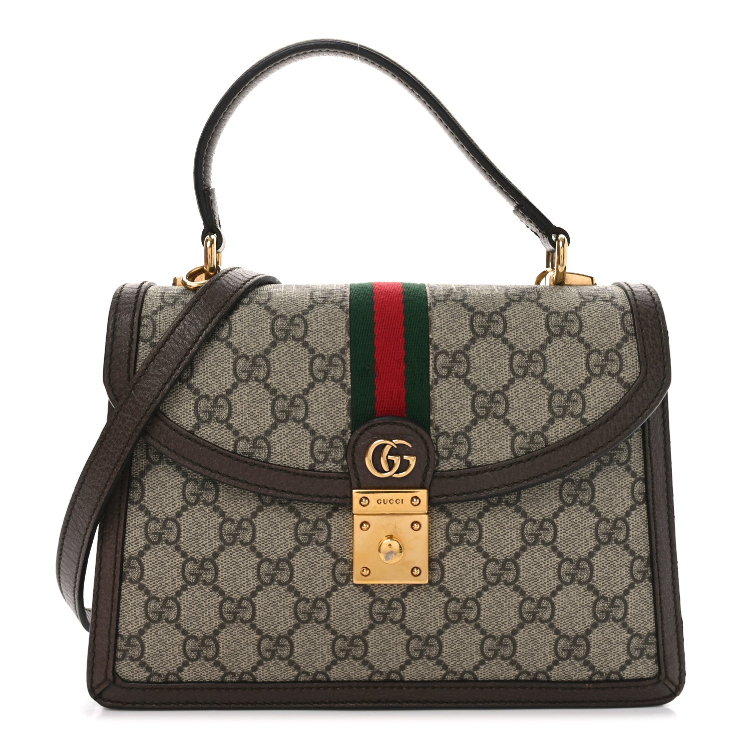 Gucci GG Supreme Monogram Textured Dollar Calfskin Web Small Ophidia Padlock Top Handle Bag Beige Ebony New Acero 1 of 11