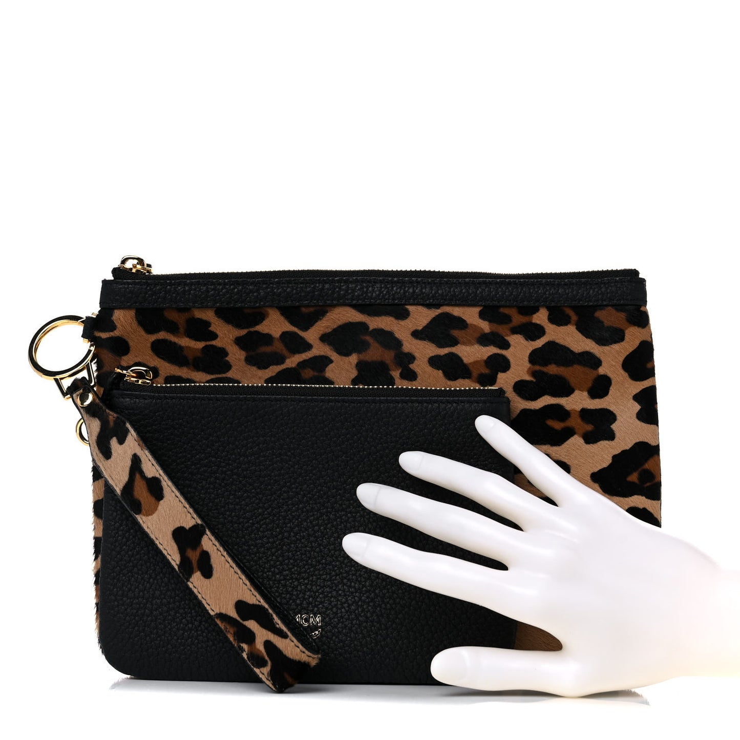 Calf Hair Calfskin Leopard Zip Pouch Set Black