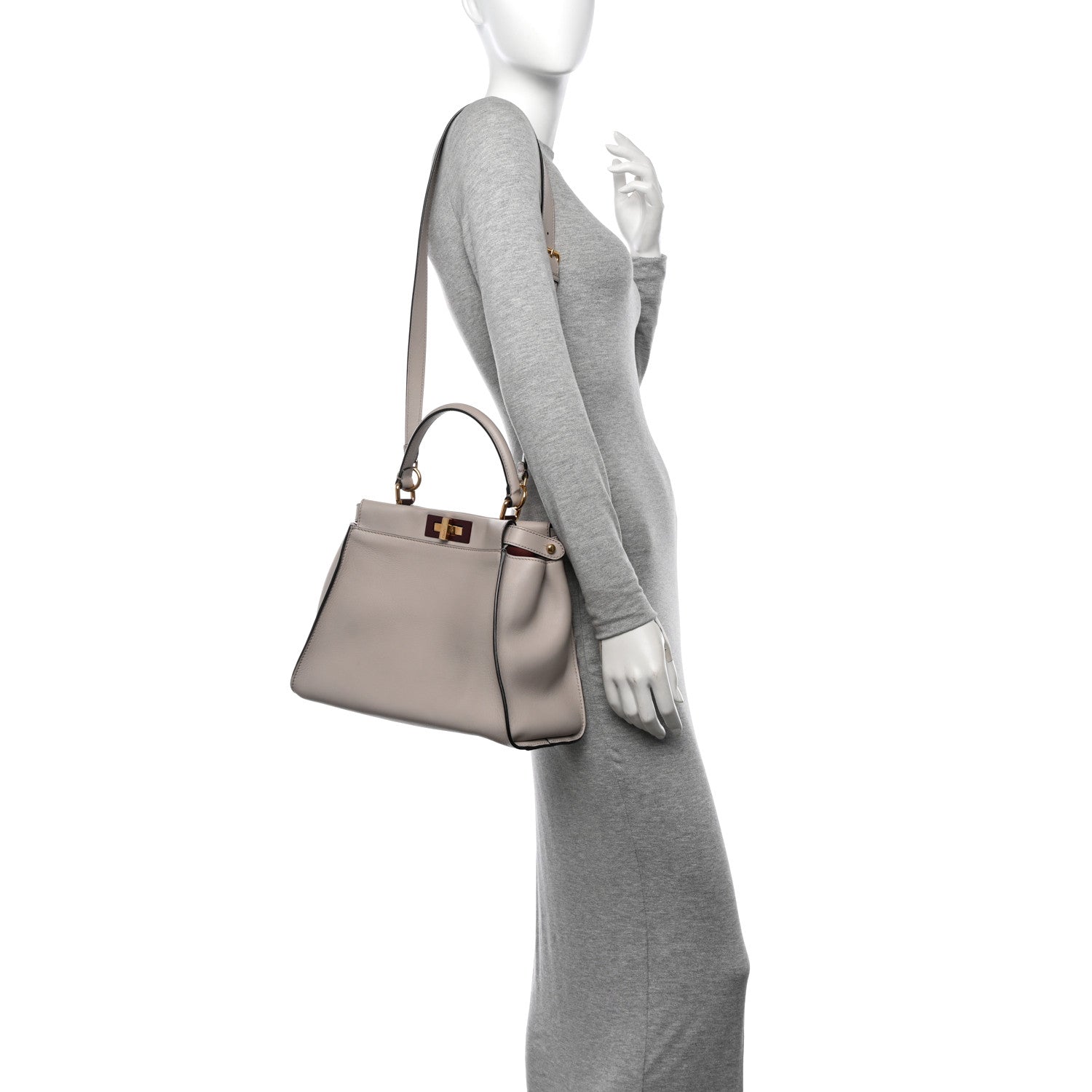 Fendi Vitello Seta Shiny Nappa Medium Peekaboo Iconic Satchel Grigio Polvere Bois de Rose 2 of 13