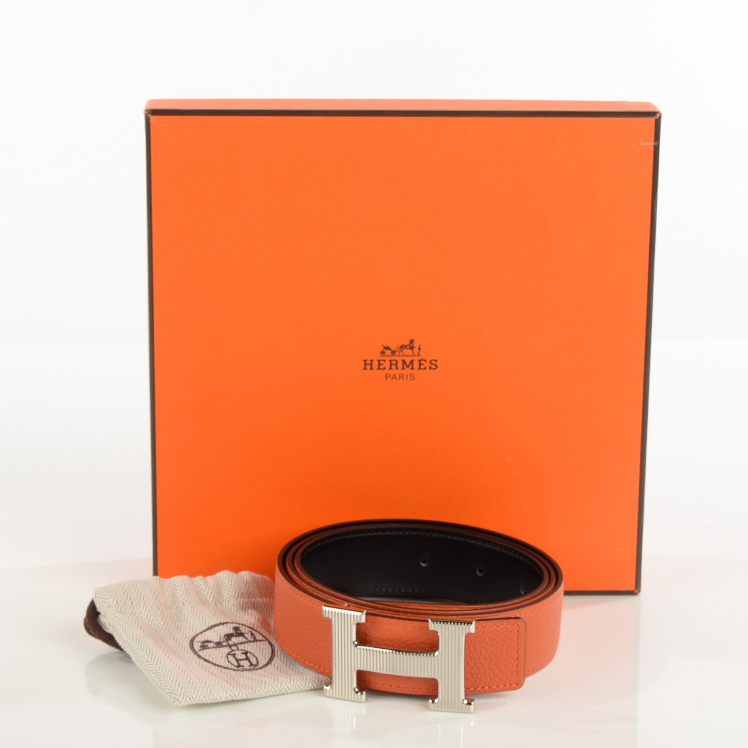 Hermes Box Togo 32mm Calandre H Belt 95 Black Orange 3 of 9