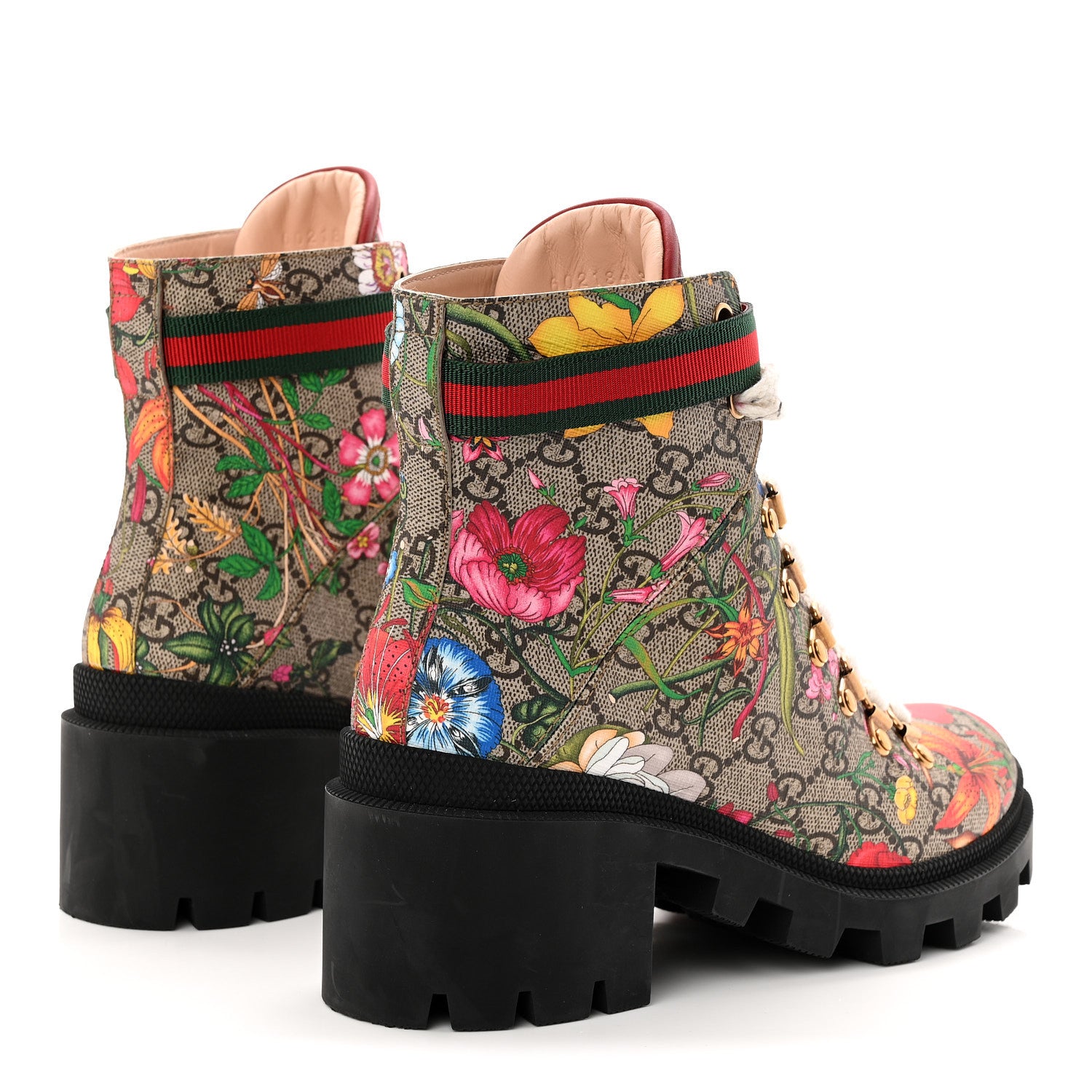 Gucci GG Supreme Monogram Flora Lace Up Combat Ankle Boots 37 Beige Multicolor Red 5 of 10