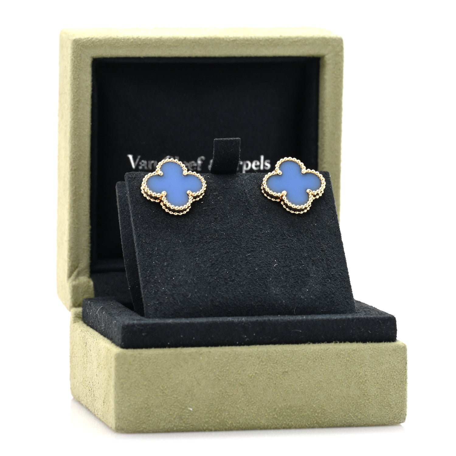 Van Cleef & Arpels 18K Yellow Gold Blue Agate Vintage Alhambra Earrings 5 of 5