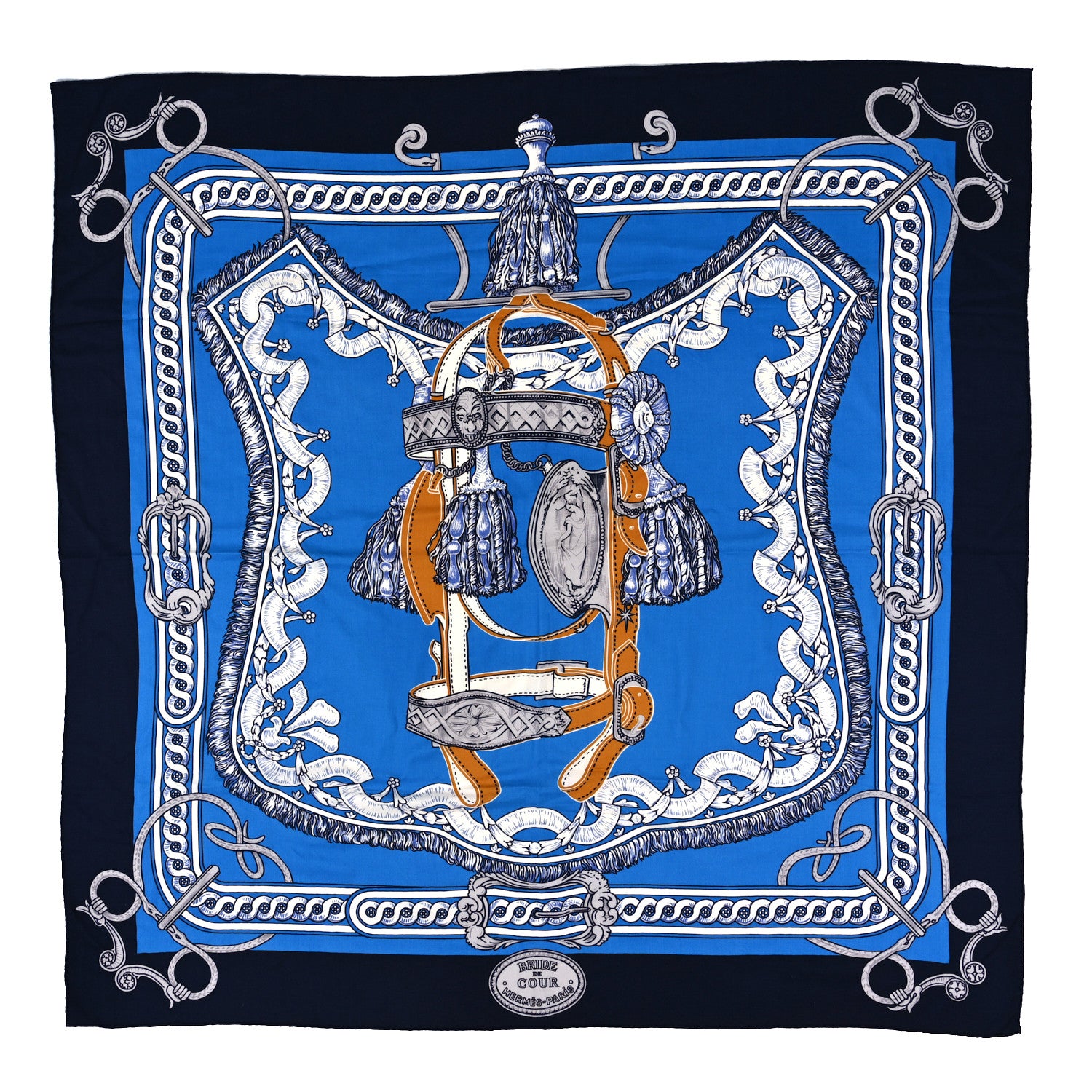 Hermes Cashmere Silk Bride De Cour Remix Shawl 140 Bleu Marine Cobalt Gold 1 of 5
