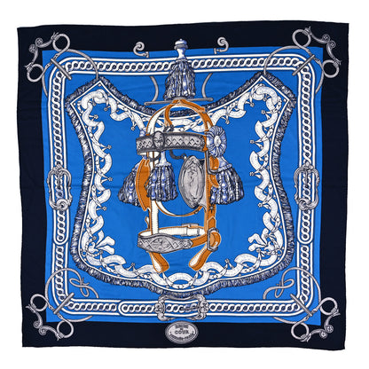 Hermes Cashmere Silk Bride De Cour Remix Shawl 140 Bleu Marine Cobalt Gold 1 of 5