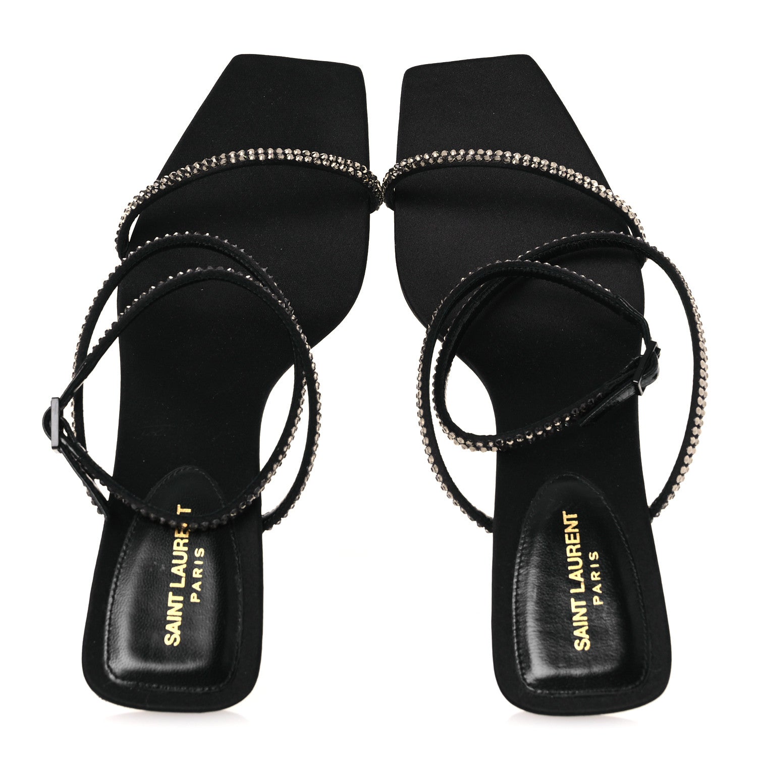 Saint Laurent Crepe Satin Strass Baliqua 55 Ankle Strap Sandals 37 Black Greige 2 of 11
