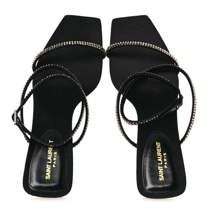 Saint Laurent Crepe Satin Strass Baliqua 55 Ankle Strap Sandals 37 Black Greige 2 of 11