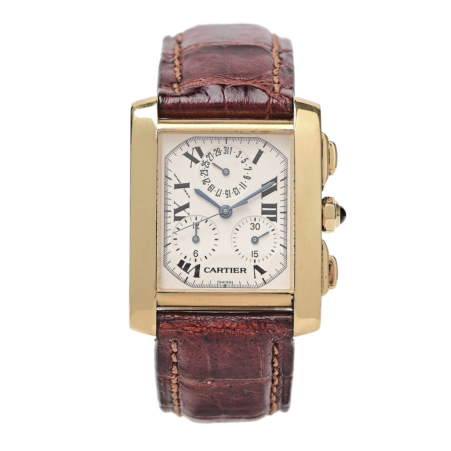 18K Yellow Gold Alligator 28mm Tank Francaise Chronoflex Quartz Watch Brown
