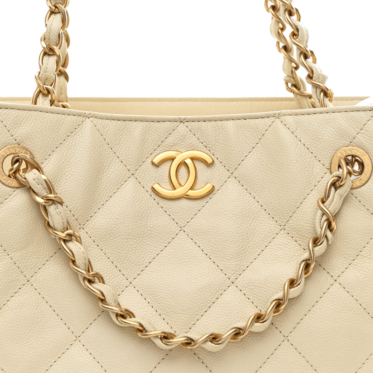 Caviar Quilted Small Trapezoid Chain Shopping Tote Ivory