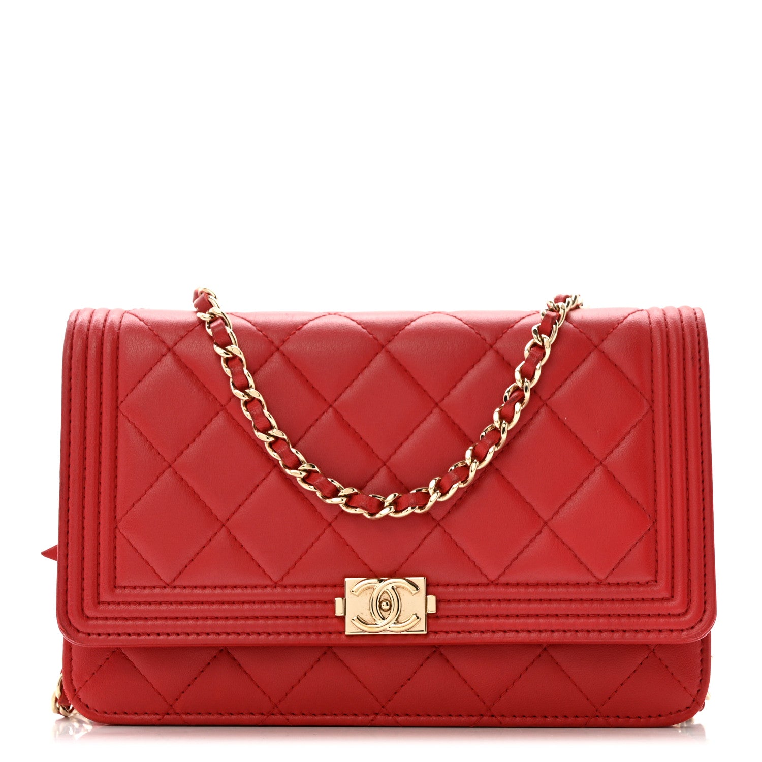 Chanel Lambskin Quilted Boy Wallet On Chain WOC Red 1 of 21