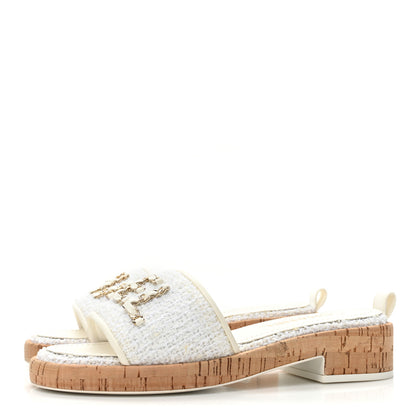 Chanel Tweed Cork CC Chain Mule Sandal 36.5 White 3 of 10