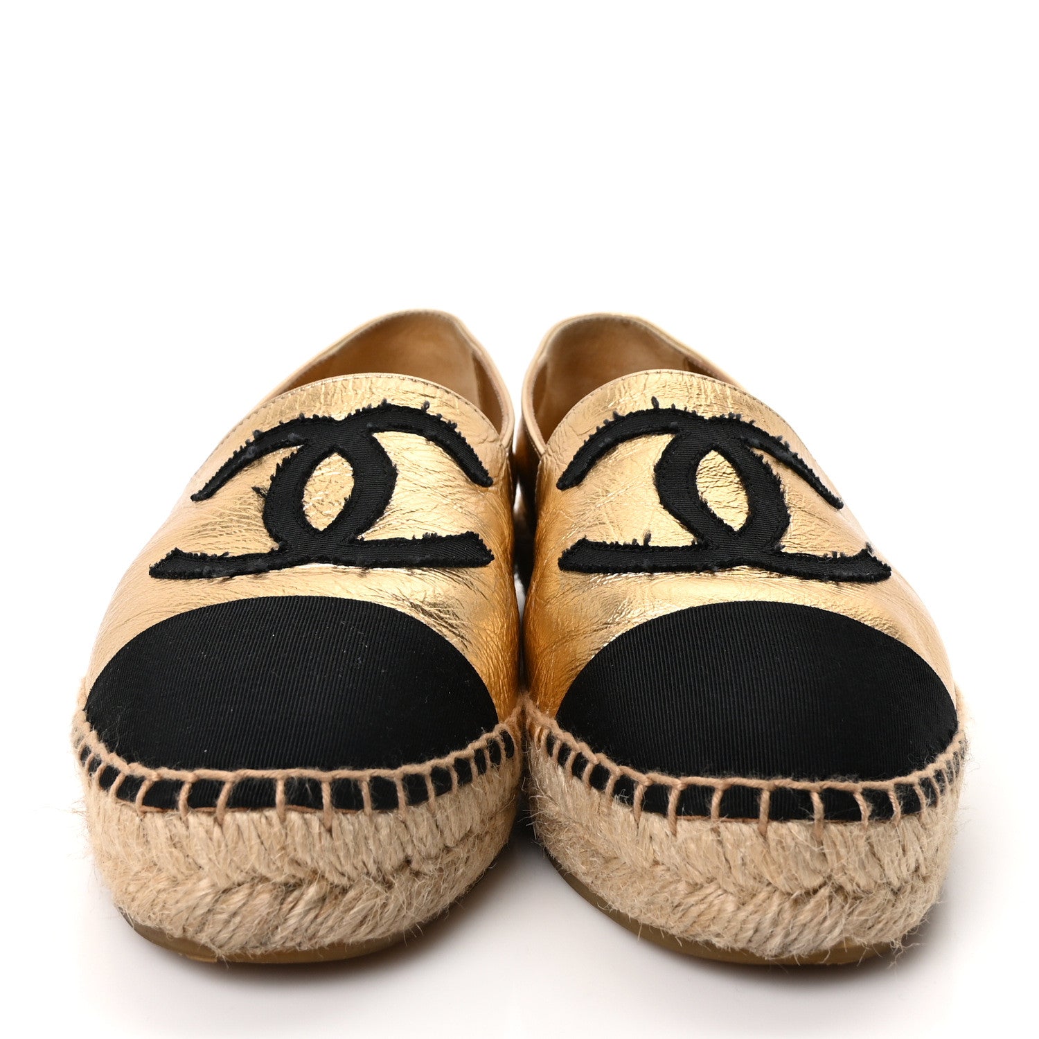 Chanel Laminated Lambskin Grosgrain CC Espadrilles 35 Gold Black 3 of 10