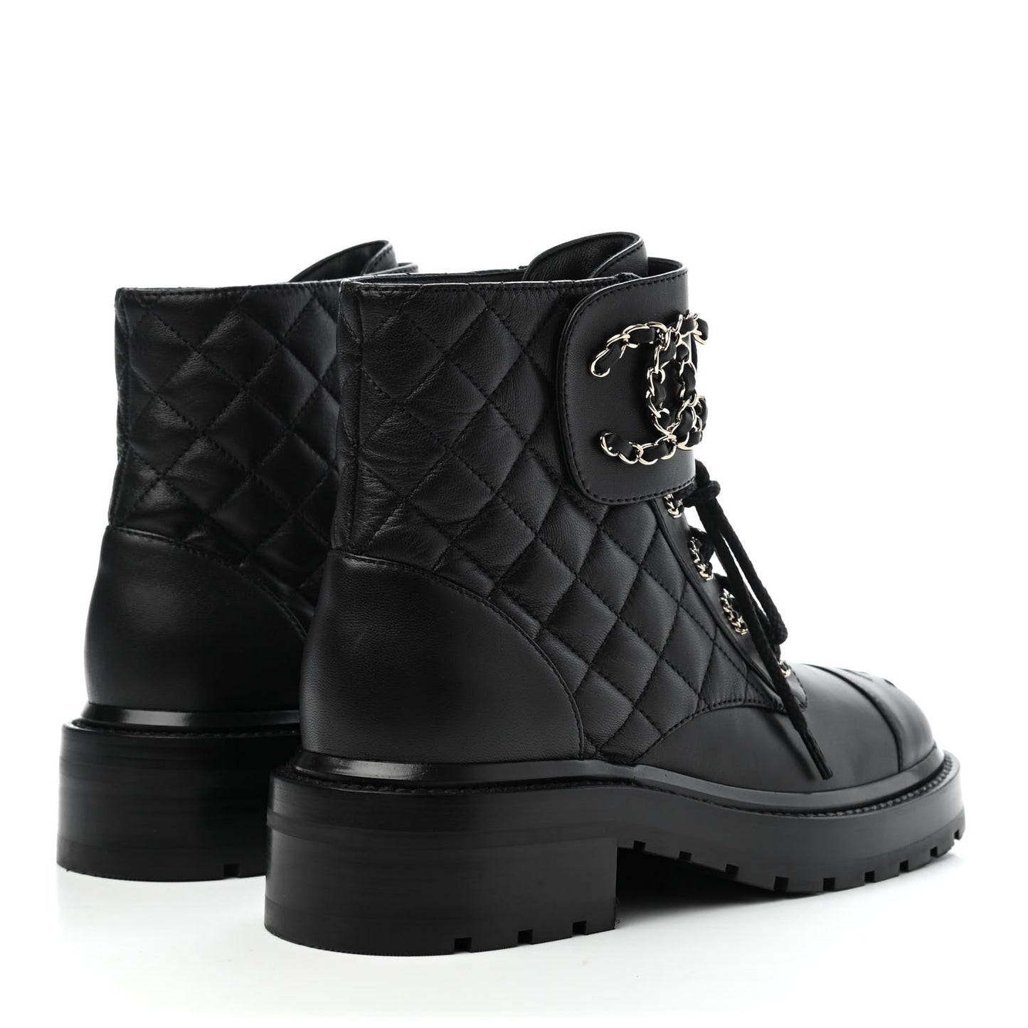 Shiny Lambskin Quilted Lace Up Combat Boots 35.5 Black