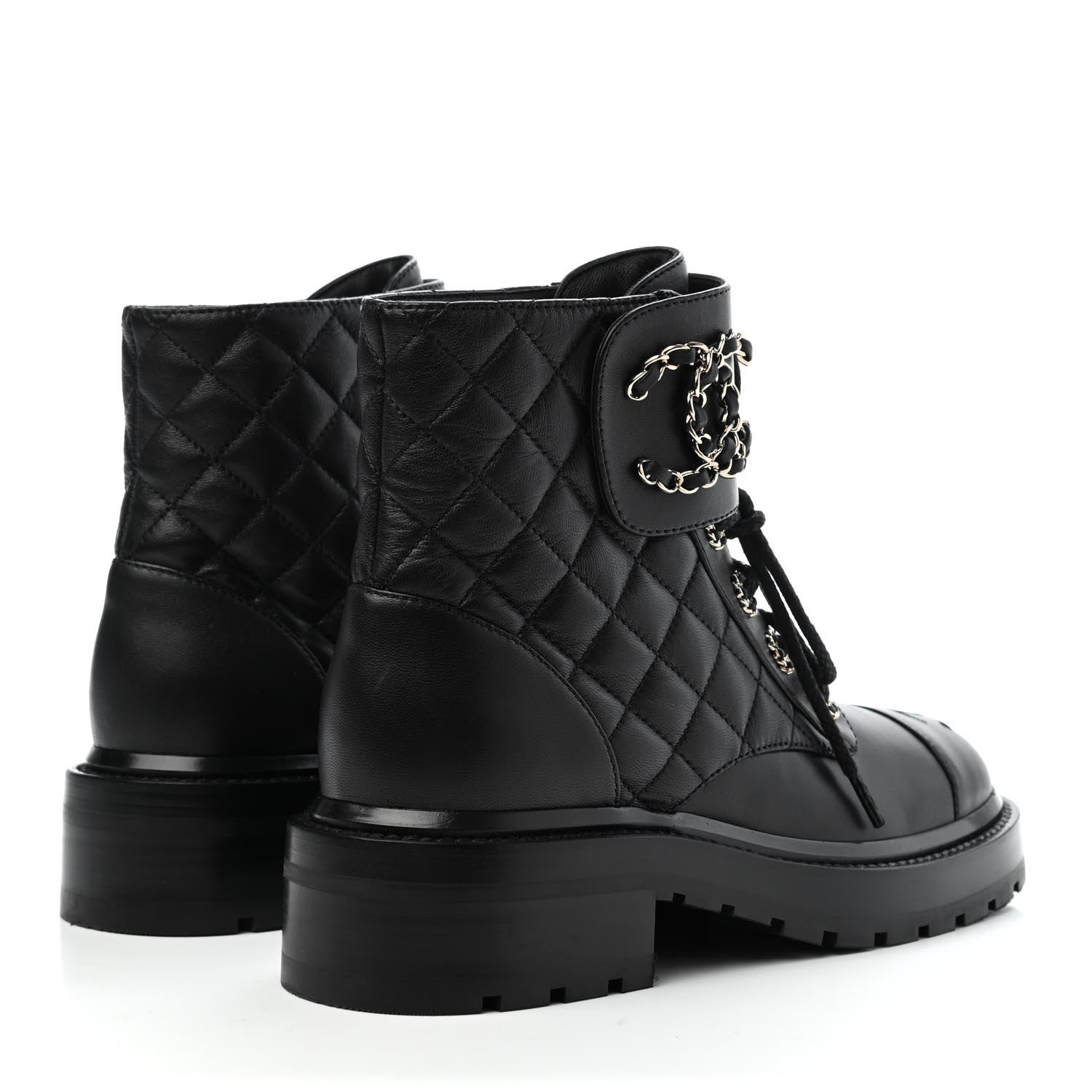 Chanel Shiny Lambskin Quilted Lace Up Combat Boots 35.5 Black 4 of 4