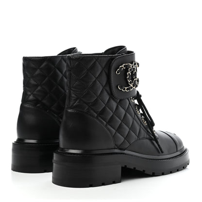 Chanel Shiny Lambskin Quilted Lace Up Combat Boots 35.5 Black 4 of 4