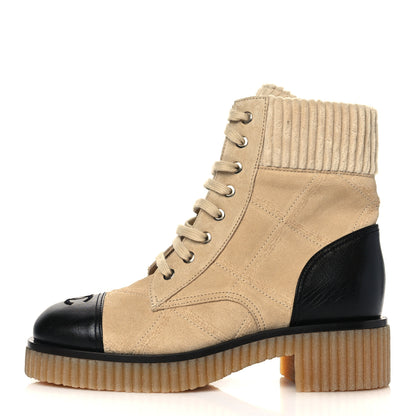 Chanel Suede Calfskin Velvet Quilted CC Combat Boots 36.5 Beige Black 1 of 8