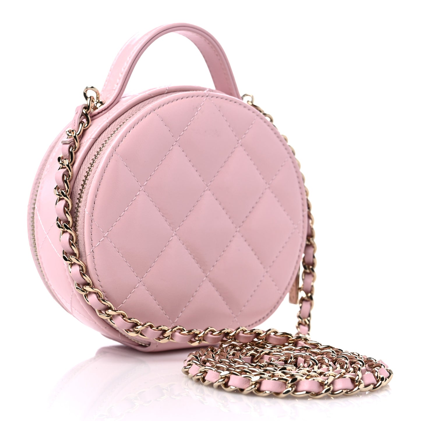 Lambskin Quilted Round Handle With Care Vanity With Chain Pink