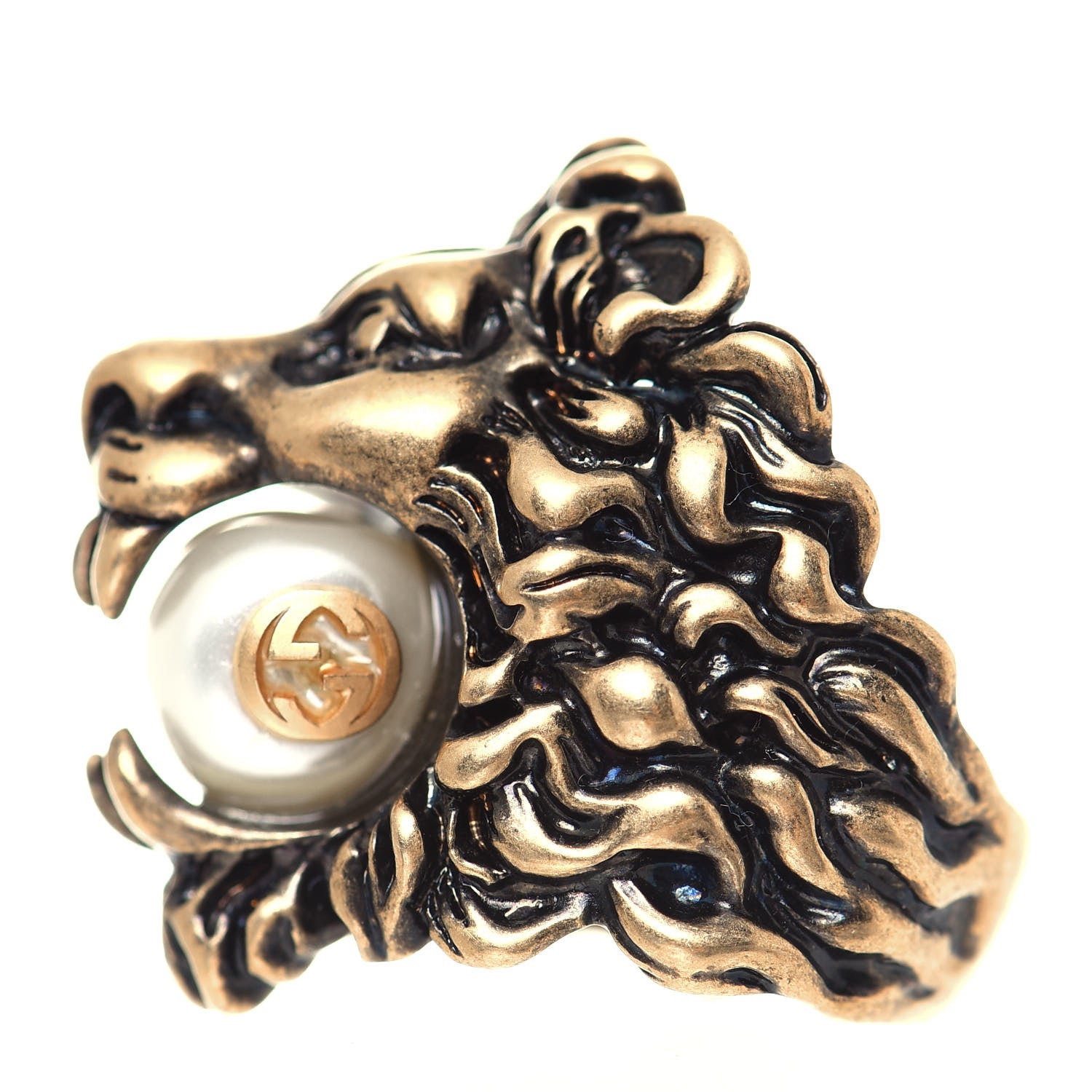 Gucci Metal Glass Pearl Lion Head Ring 6.5 Aged Gold 3 of 6