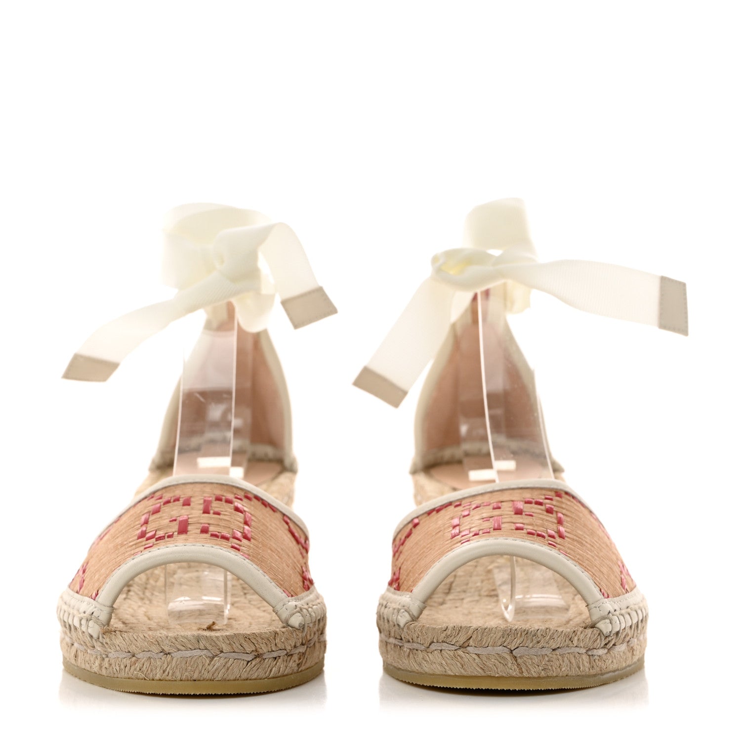 Gucci GG Raffia Monogram Ankle Wrap Platform Espadrille Wedge Sandals 37.5 Beige 2 of 9