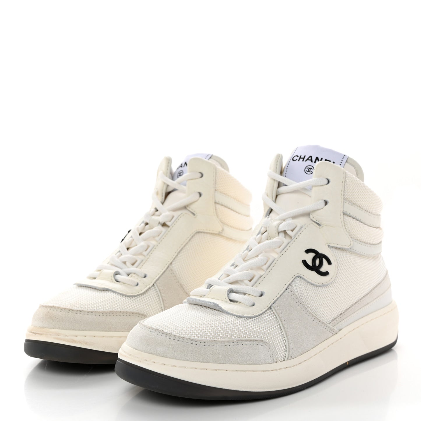 Suede Fabric Grained Calfskin Womens CC High Top Sneakers 37 White