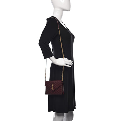 Saint Laurent Grain De Poudre Matelasse Chevron Monogram Envelope Chain Wallet Rouge Legion 2 of 11