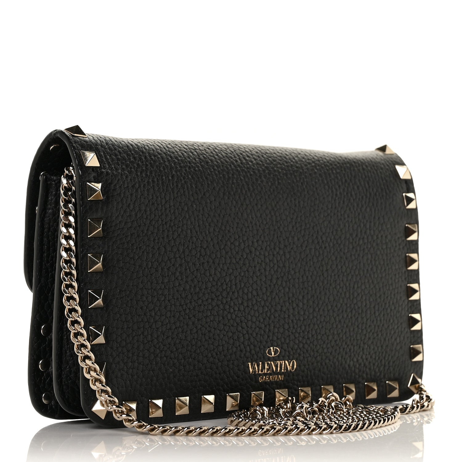 Valentino Garavani Pebbled Calfskin Rockstud Flap Wallet On Chain Black 2 of 8