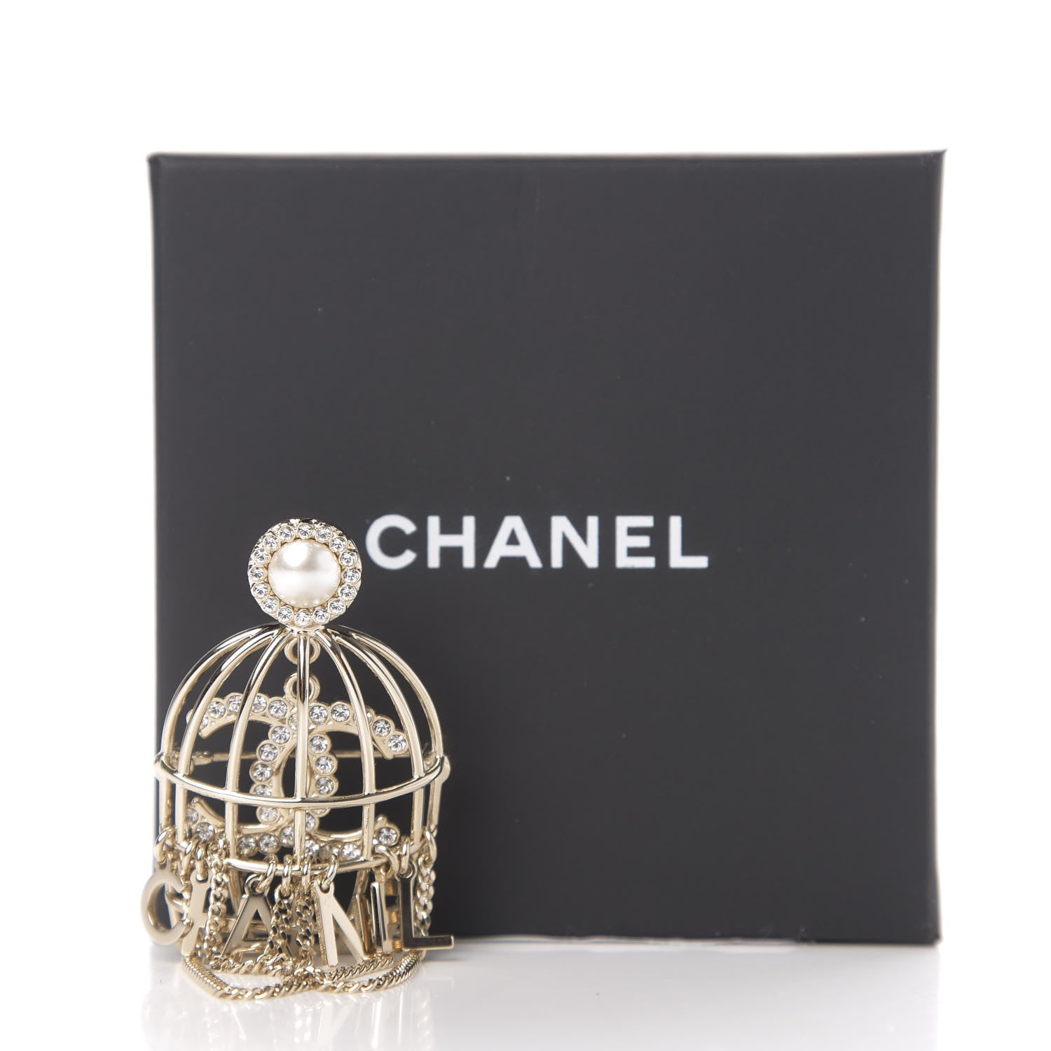 Chanel Pearl Crystal Birdcage Pin Brooch Light Gold 5 of 5
