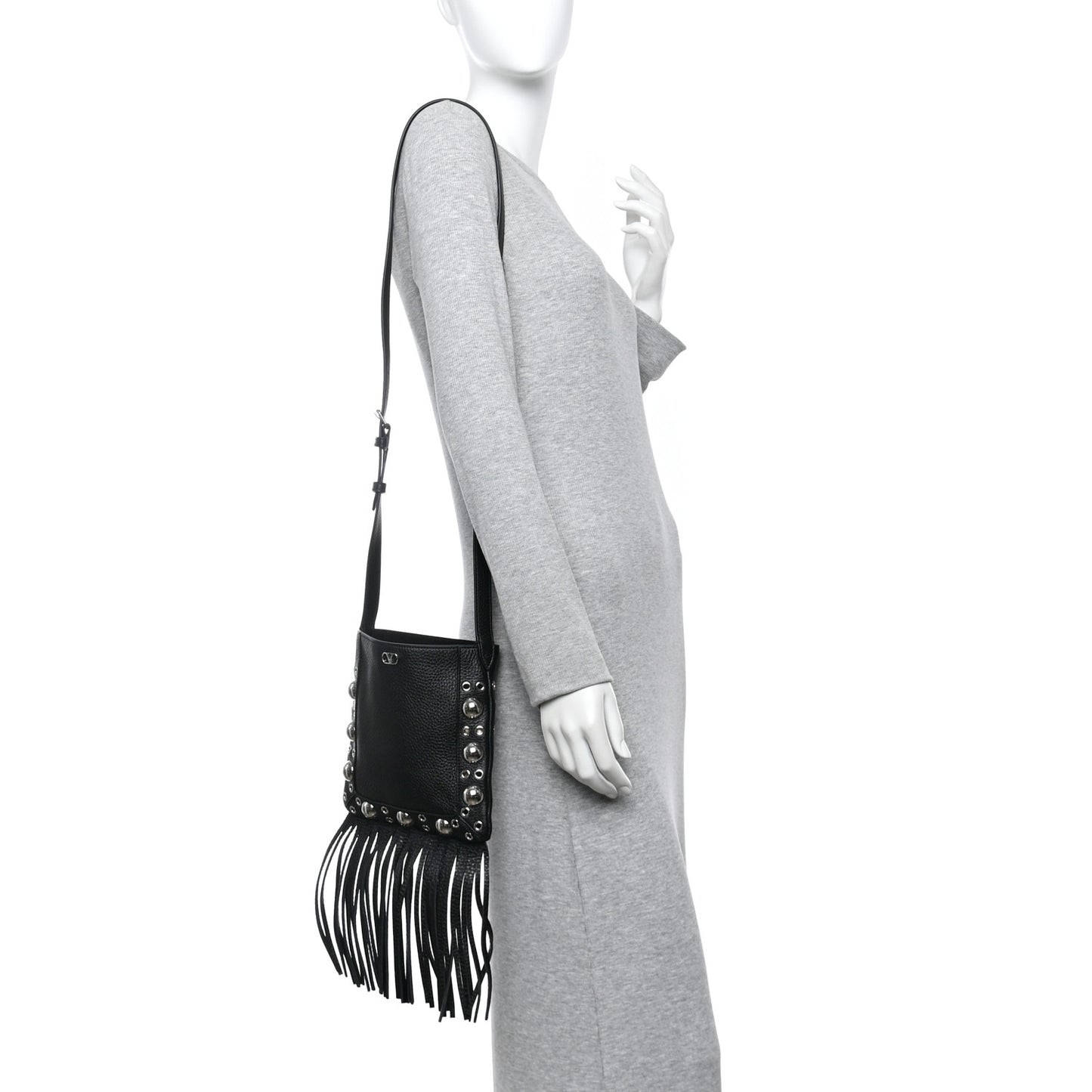 Grained Calfskin Studded Nellcote Fringe Shoulder Bag Black