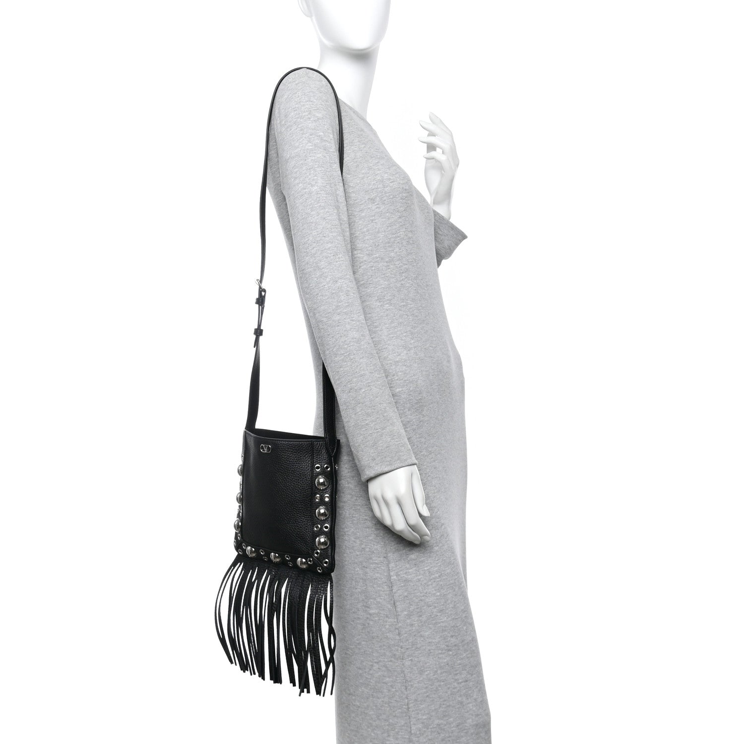 Valentino Garavani Grained Calfskin Studded Nellcote Fringe Shoulder Bag Black 2 of 9
