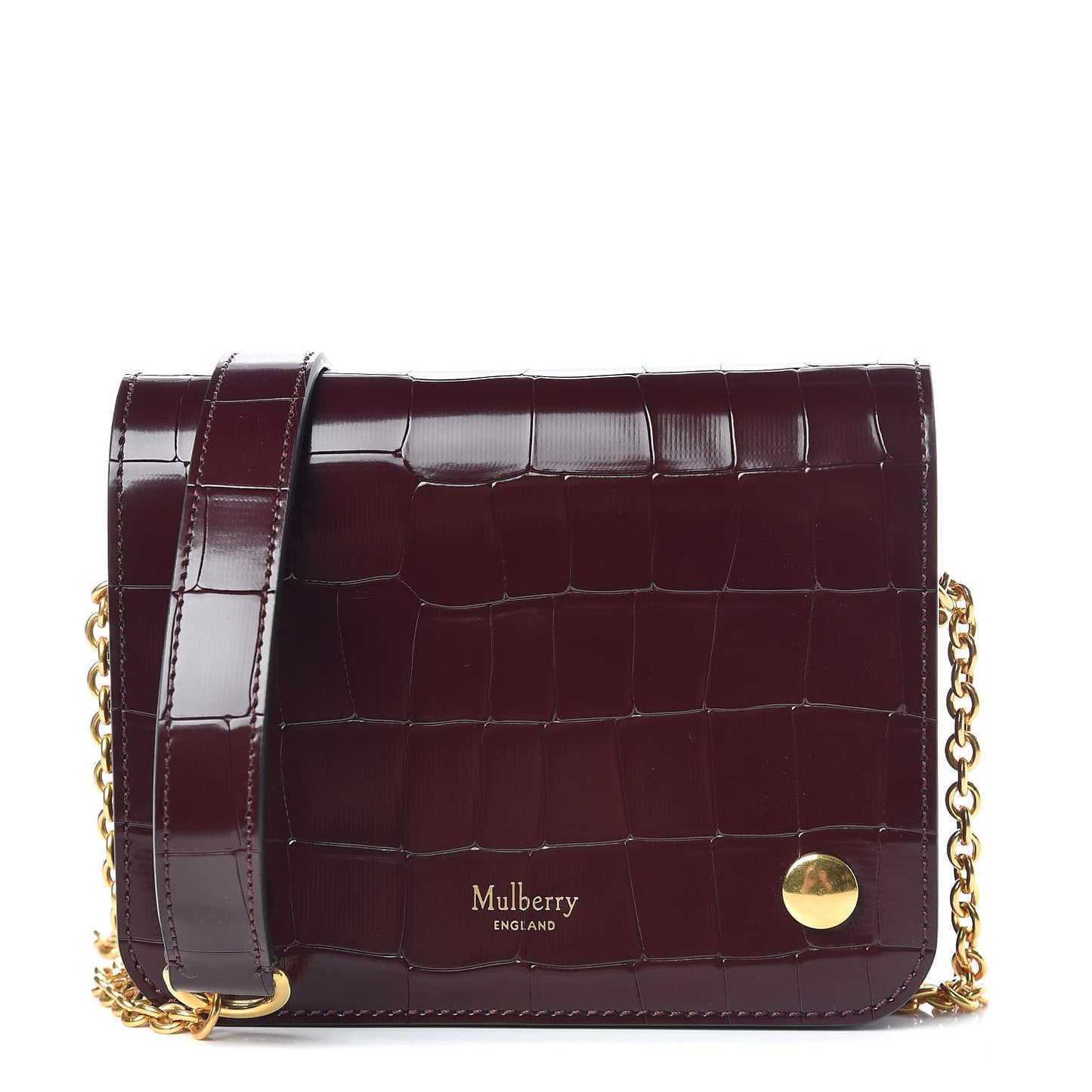 Shiny Calfskin Crocodile Embossed Small Clifton Flap Burgundy