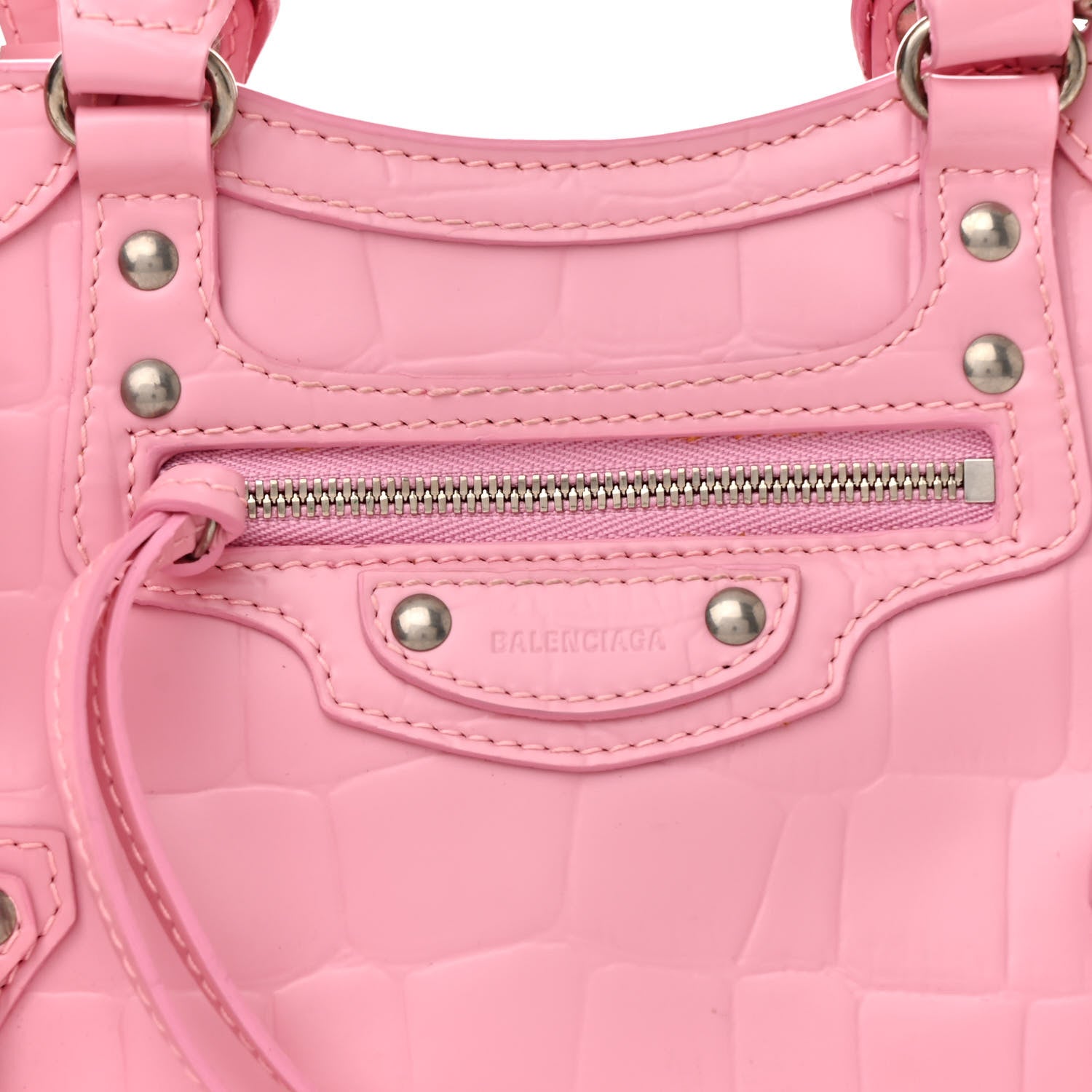 Balenciaga Semi Shiny Calfskin Crocodile Embossed Neo Classic Silver Hardware Mini City Pink 8 of 10