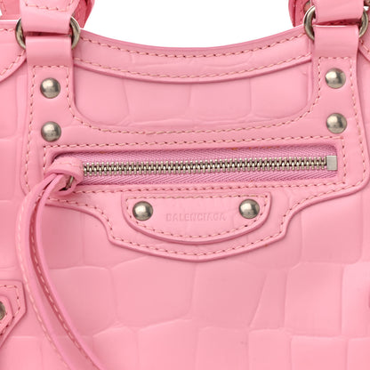 Balenciaga Semi Shiny Calfskin Crocodile Embossed Neo Classic Silver Hardware Mini City Pink 8 of 10
