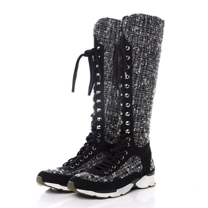 Chanel Tweed Suede Calfskin Sneaker High Boots 37 Black White 5 of 9