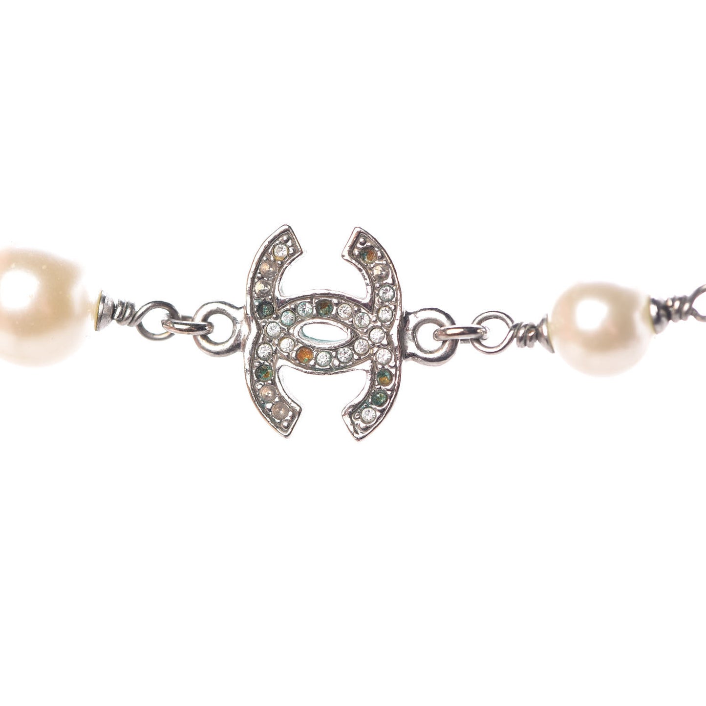 Pearl Crystal CC Necklace Silver Pearly White