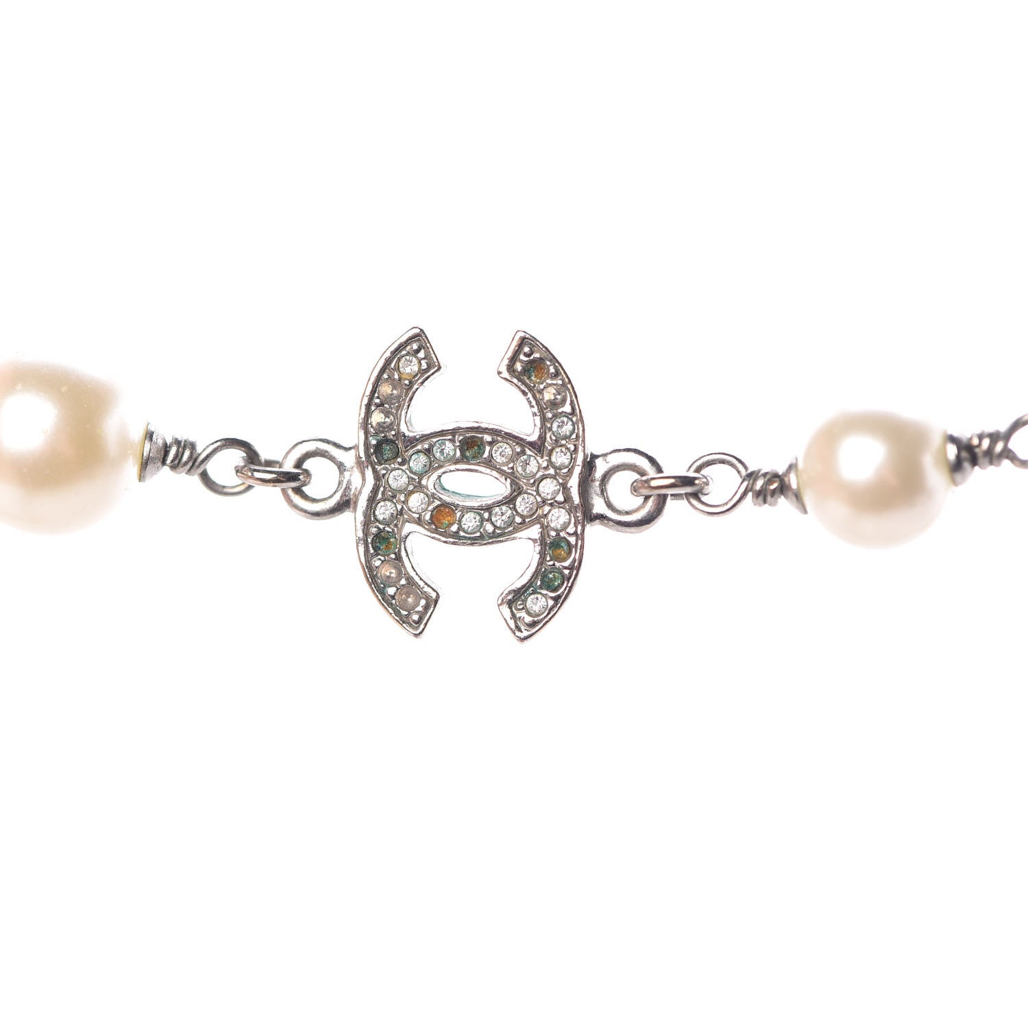 Chanel Pearl Crystal CC Necklace Silver Pearly White 8 of 12