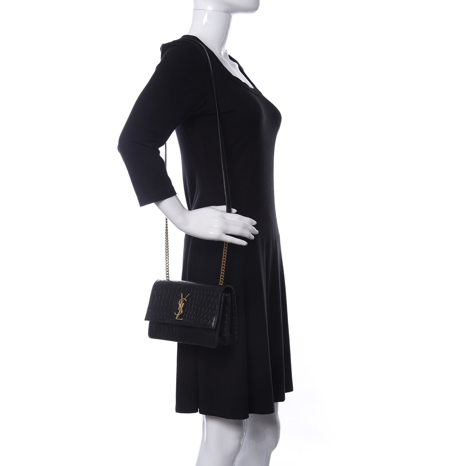 Saint Laurent Calfskin Crocodile Embossed Small Monogram Sunset Black 2 of 10