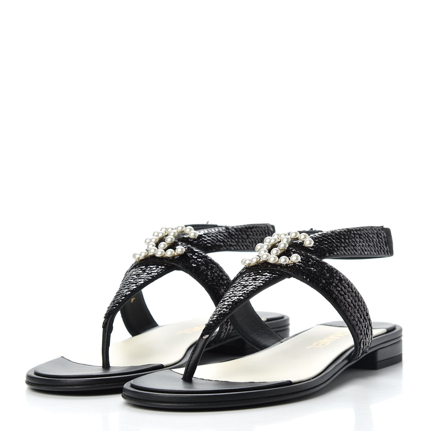 Lambskin Sequin Pearl CC Thong Sandals 38 Black