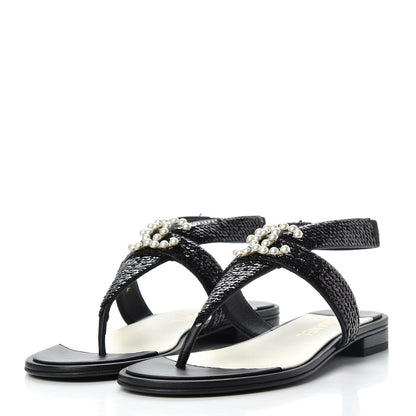 Chanel Lambskin Sequin Pearl CC Thong Sandals 38 Black 3 of 11